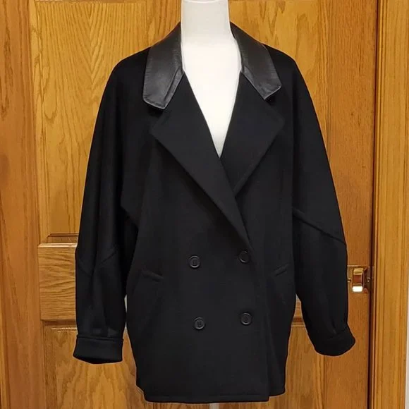 Vintage Black Pure Wool Double Breasted Car Coat with Leather